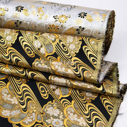 Gold Brocade - Shimmering Currents Floral fabric Black