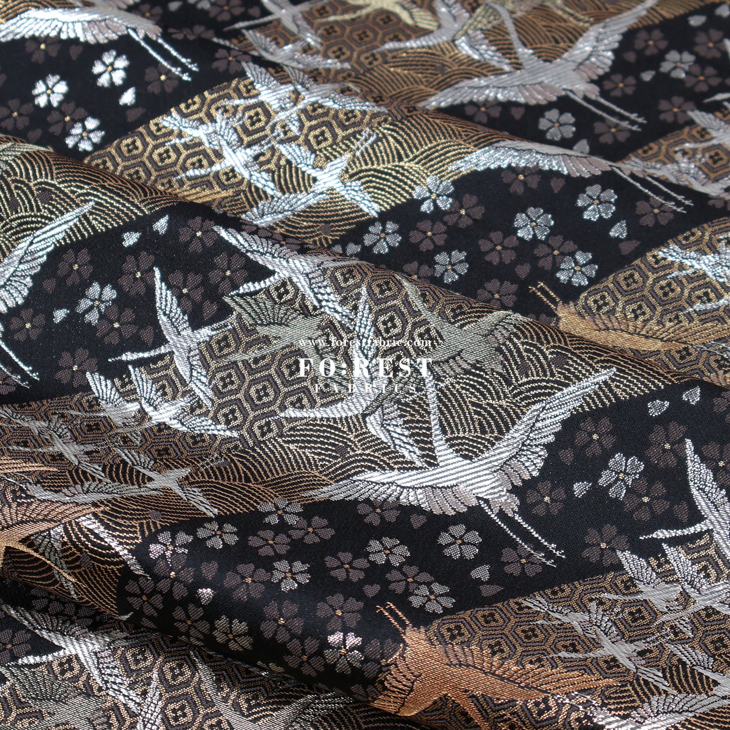 Gold Brocade - One thousand cranes fabric Black