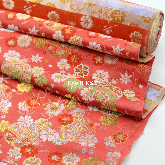 Gold Brocade - Sakura ball flower fabric LightRed