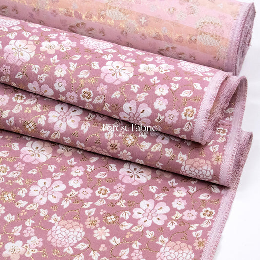 Gold Brocade - Gilded Cerulean Bloom fabric Pink
