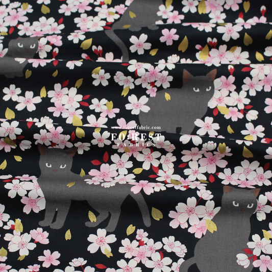 cotton - Sakura Blooms cat fabric Black