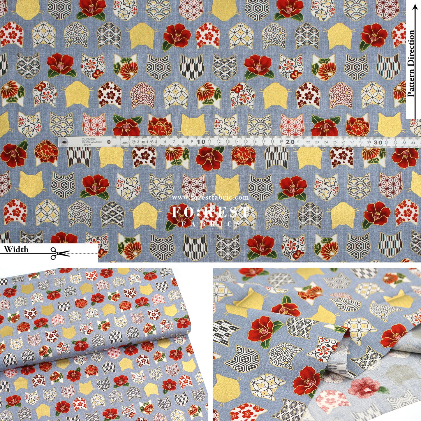 cotton - Tsubaki flower cat fabric Bluegray