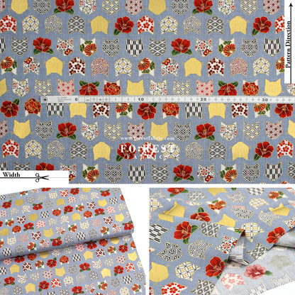 cotton - Tsubaki flower cat fabric Bluegray