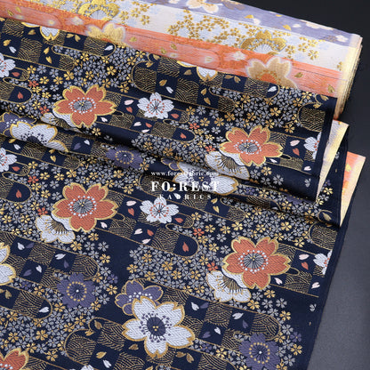 Gold Brocade - Sakura Flower fabric Navy