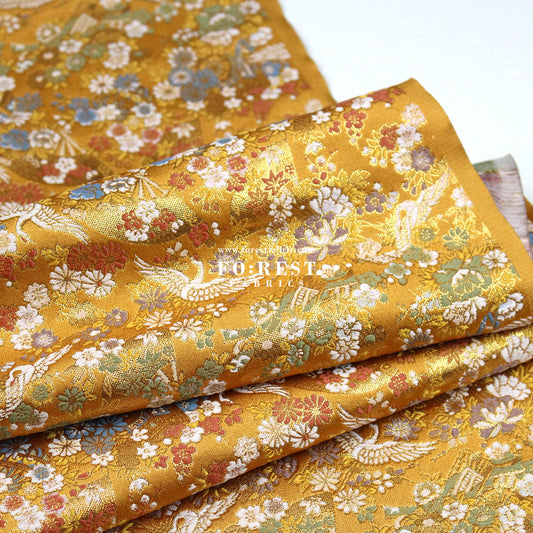 Gold Brocade - Crane Fan Flower fabric Gold