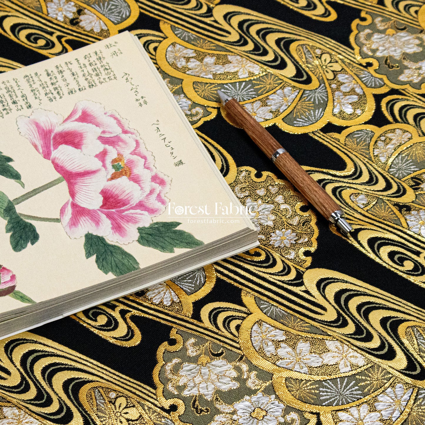 Gold Brocade - Shimmering Currents Floral fabric Black