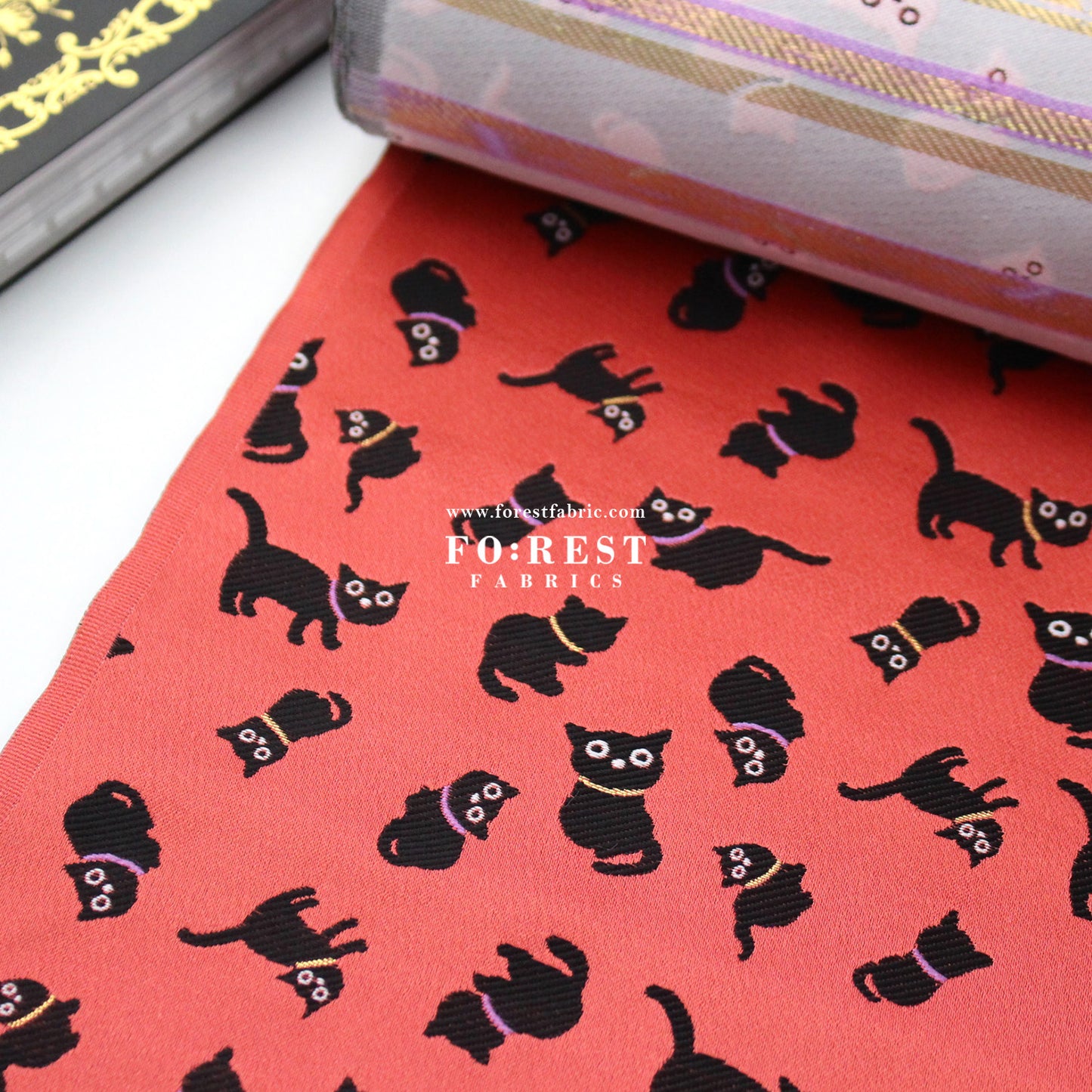 Gold Brocade - cats fabric Lightred