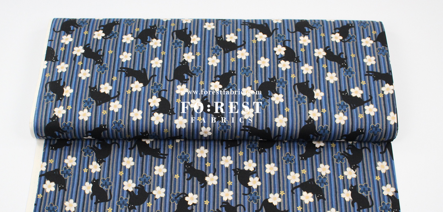 cotton - Sakura Strip cat fabric Navy