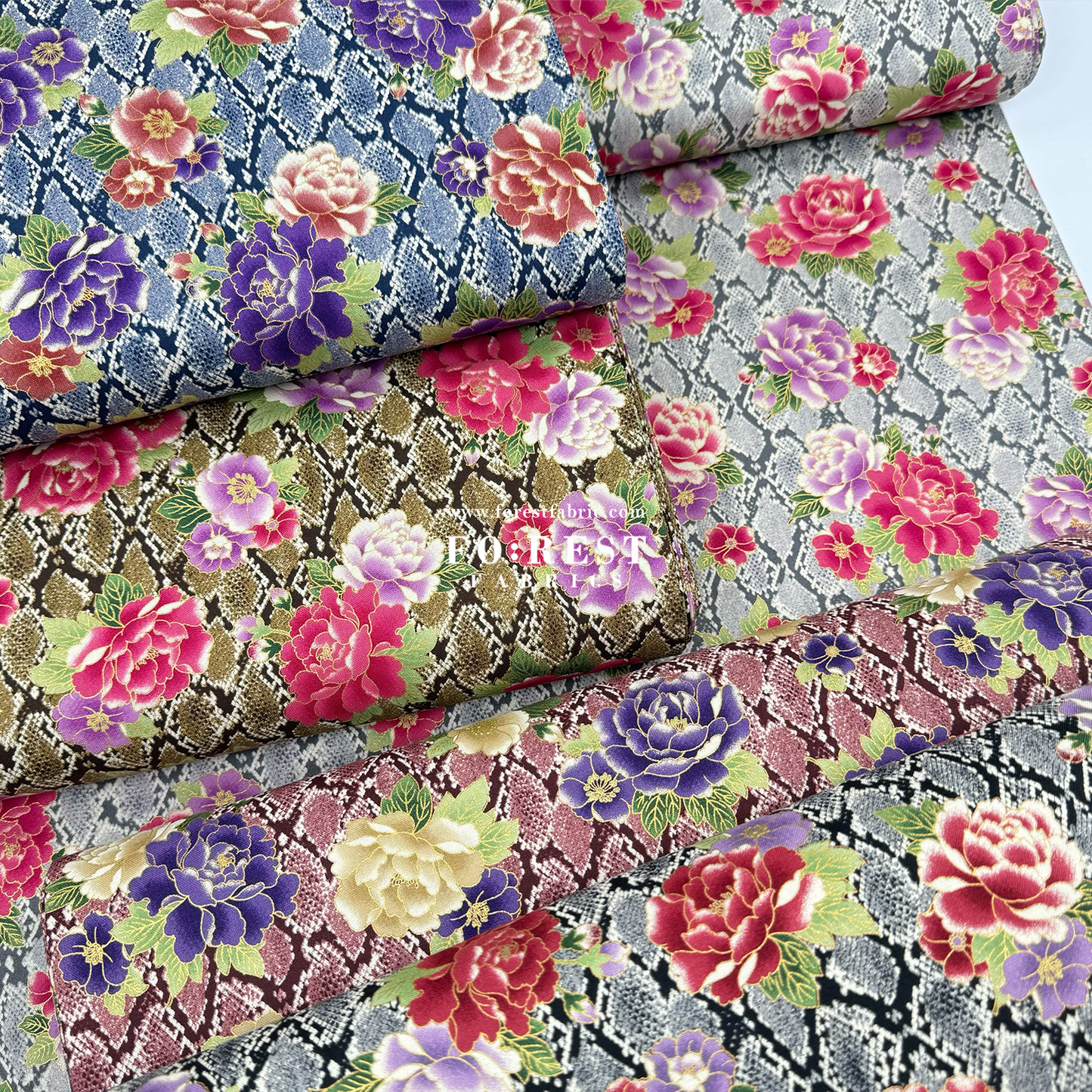 cotton - Sanke Peony金彩白蛇 fabric Gray