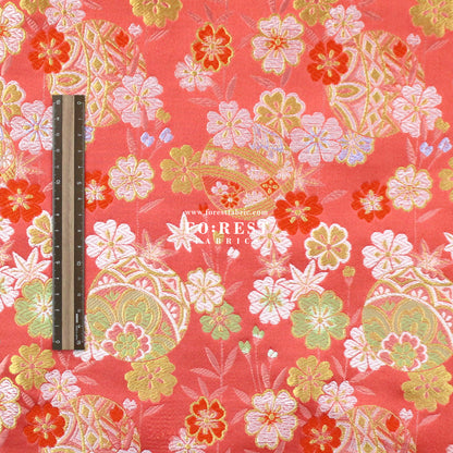 Gold Brocade - Sakura ball flower fabric LightRed
