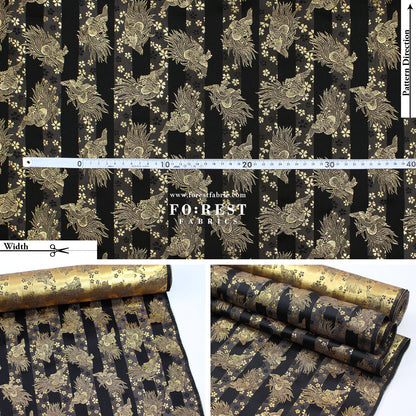 Gold Brocade - Pine Phoenix fabric Black