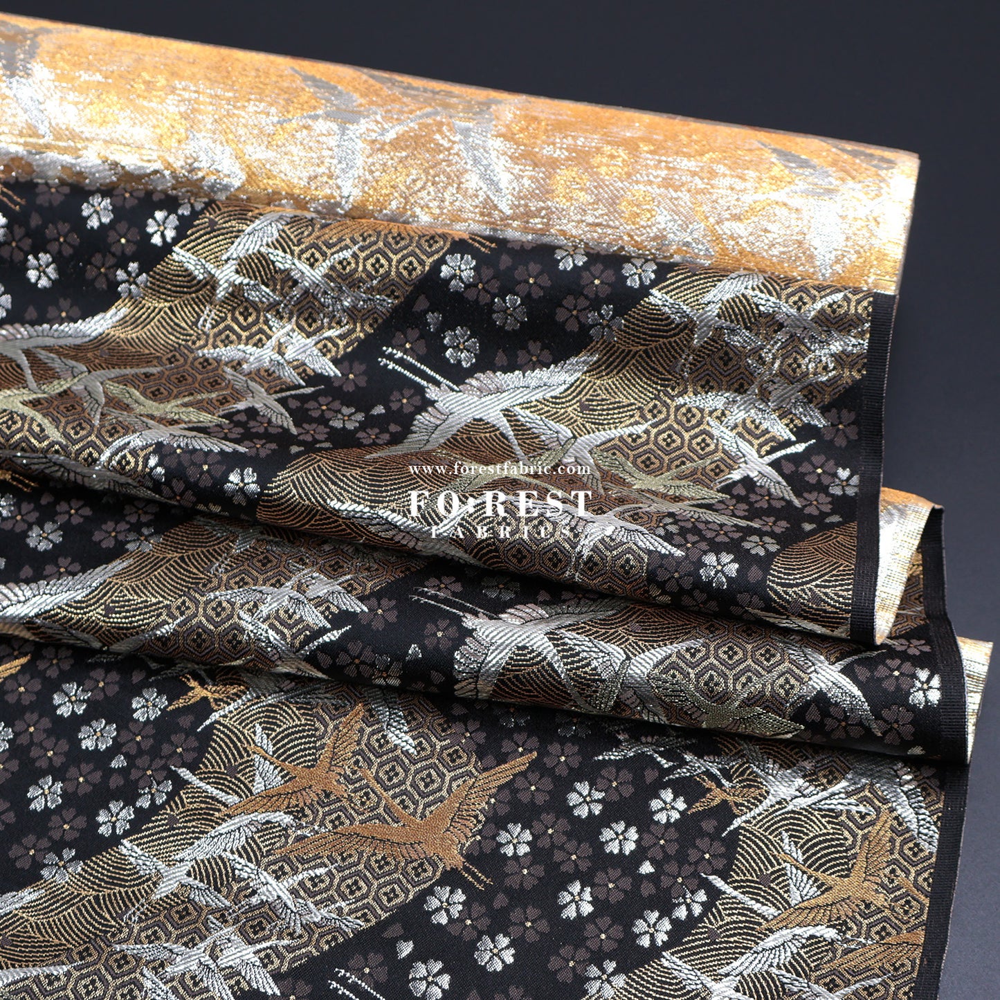 Gold Brocade - One thousand cranes fabric Black