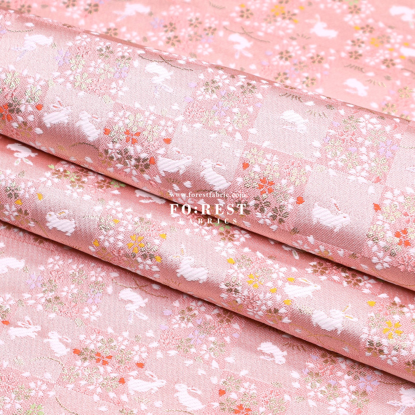 Gold Brocade - Rabbit Flower Grid fabric Pink