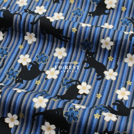 cotton - Sakura Strip cat fabric Navy