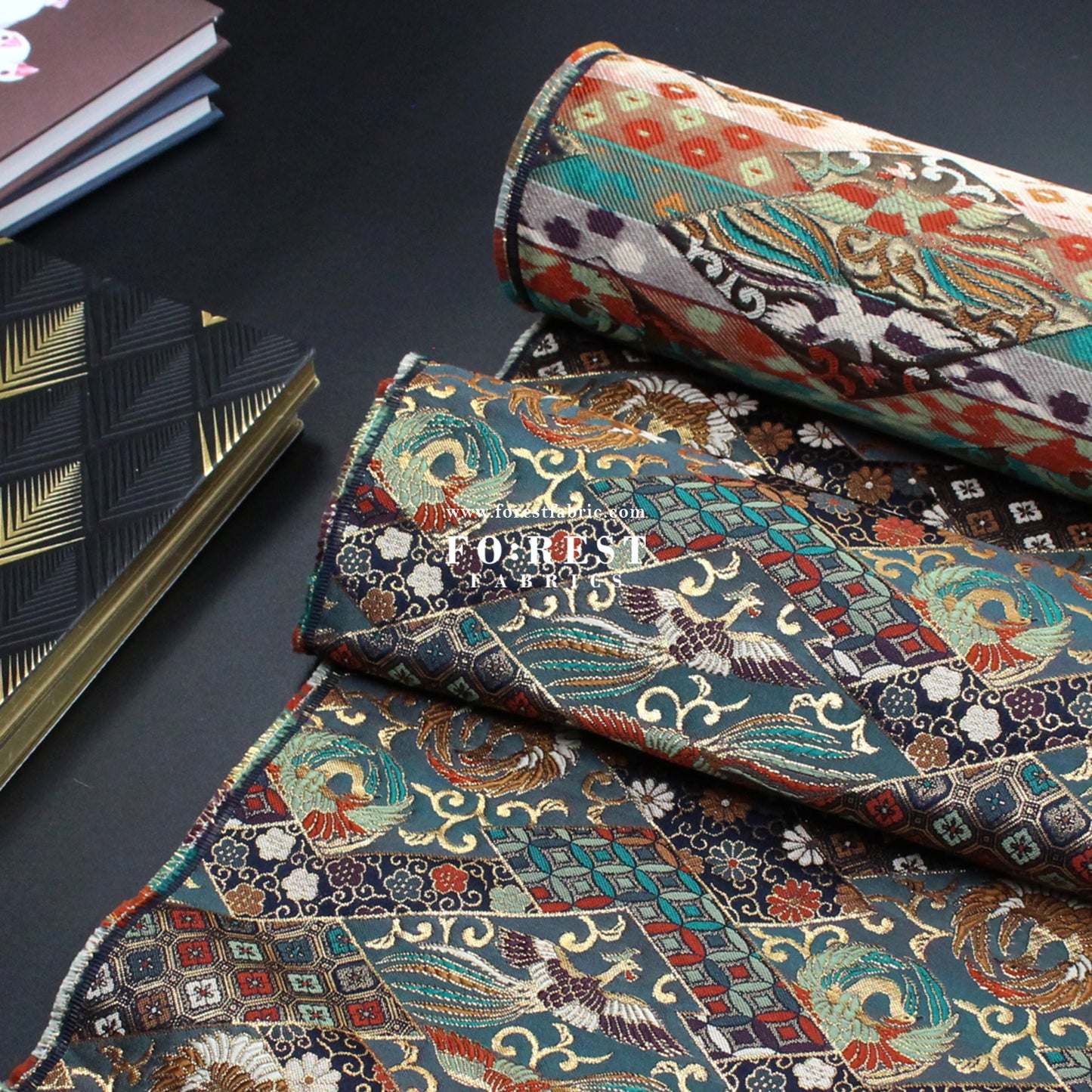 Gold Brocade - Phoenix fabric BlueGreen