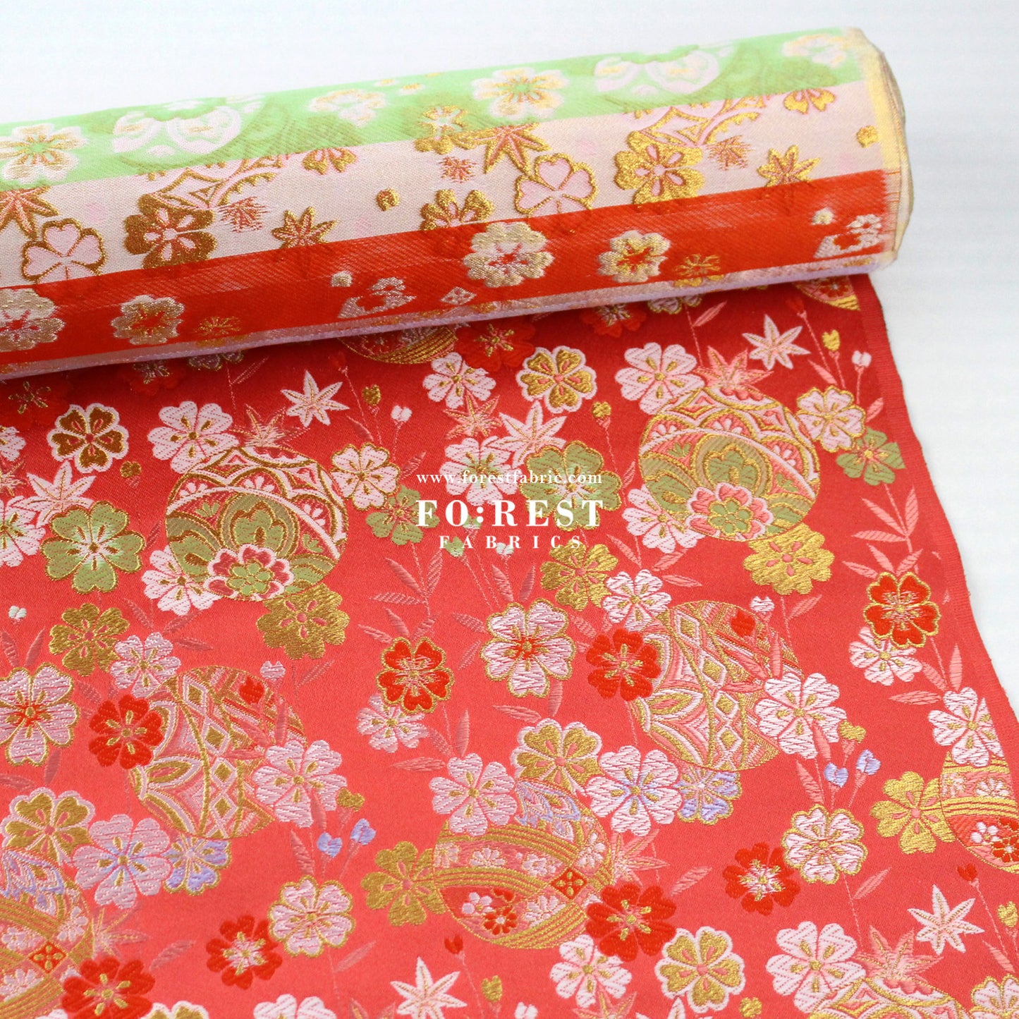 Gold Brocade - Sakura ball flower fabric LightRed
