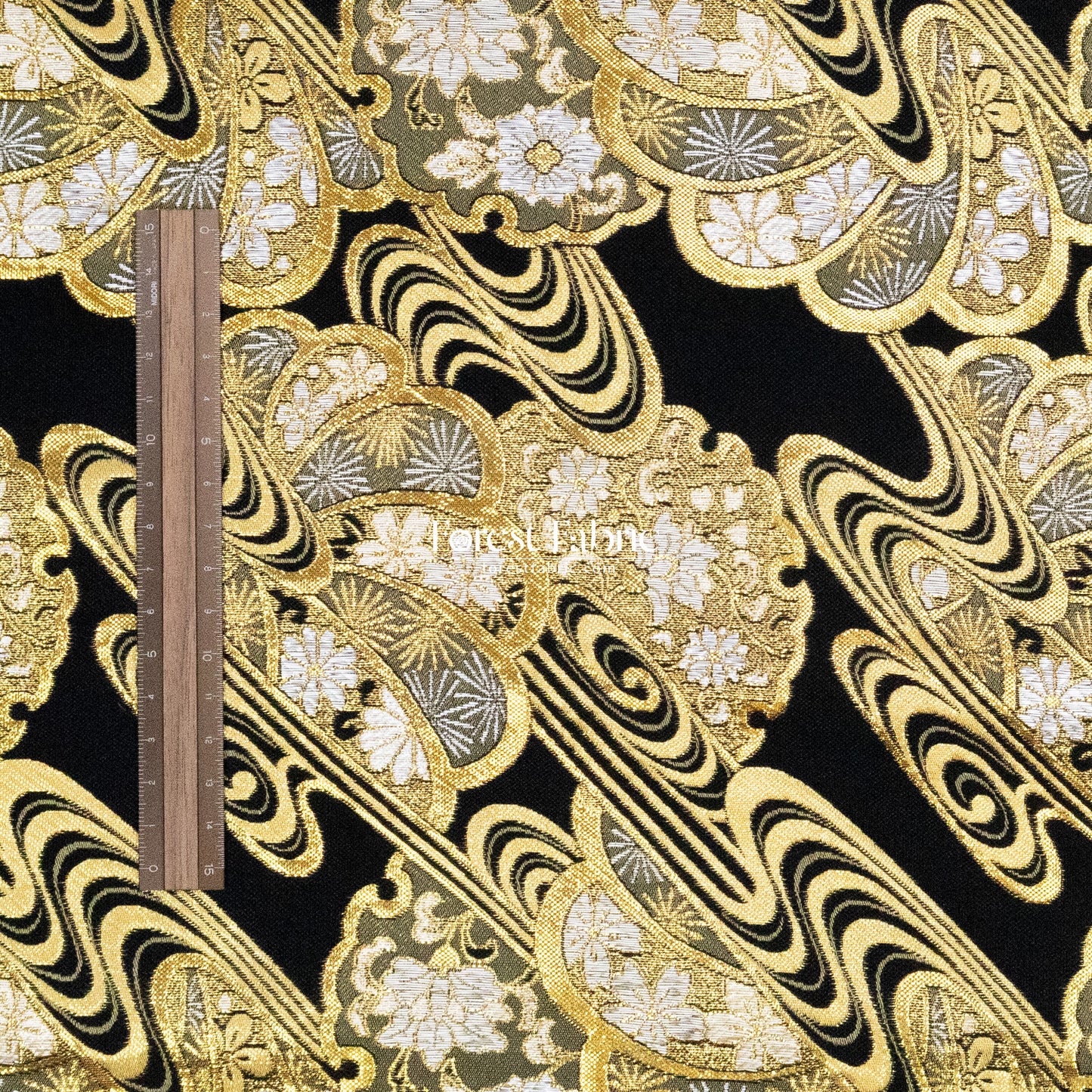 Gold Brocade - Shimmering Currents Floral fabric Black
