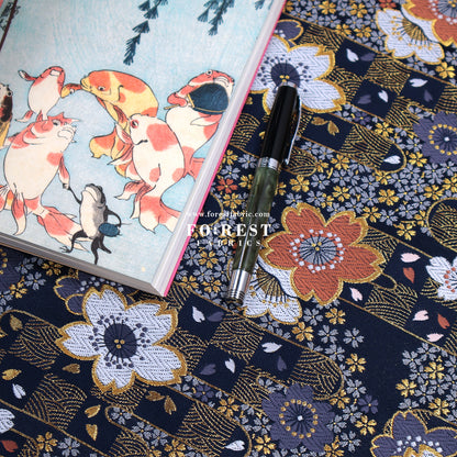 Gold Brocade - Sakura Flower fabric Navy
