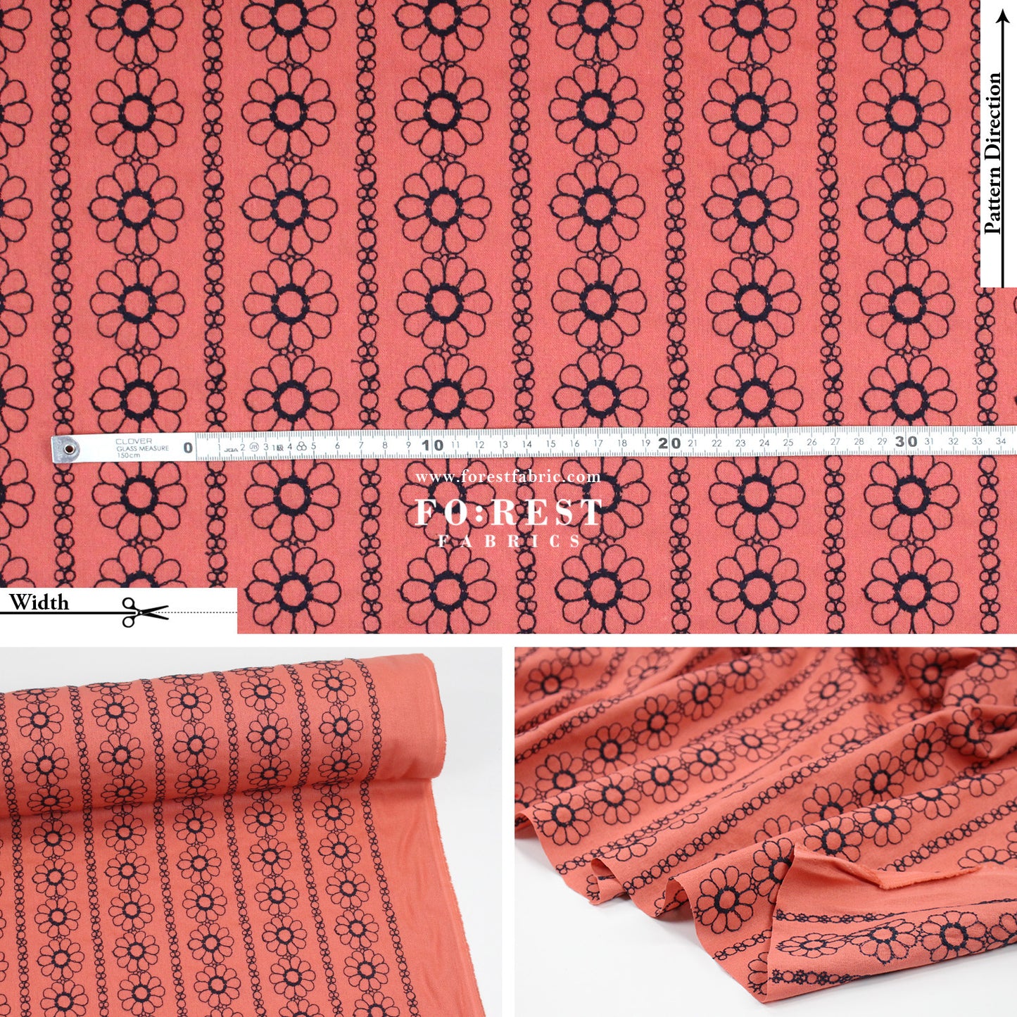 embroidery cotton Linen - Daisy Flower fabric OrangePink