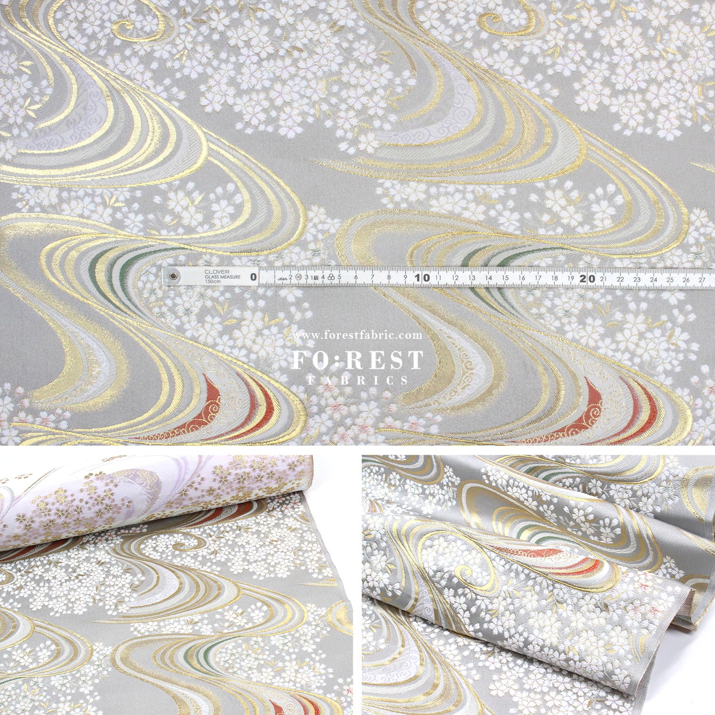 Gold Brocade - Sakura river Milky Gray fabric