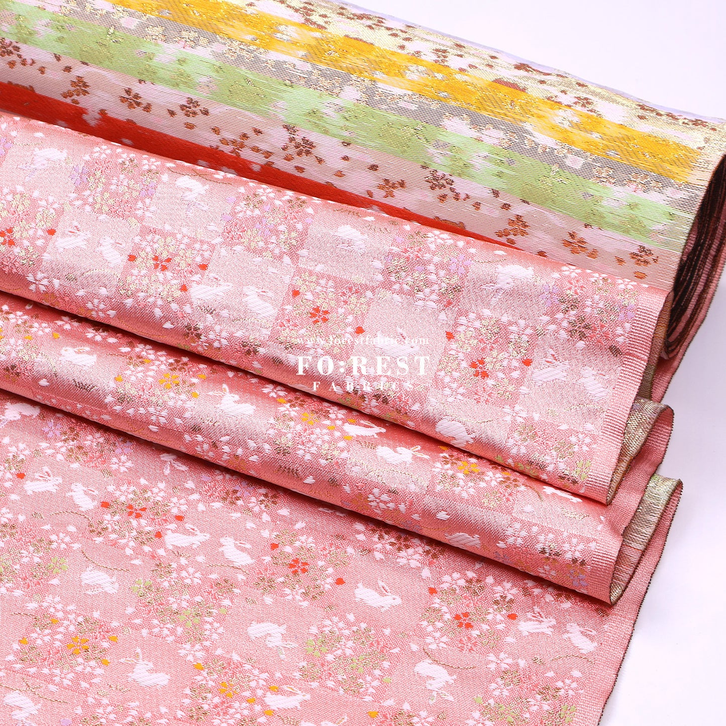 Gold Brocade - Rabbit Flower Grid fabric Pink