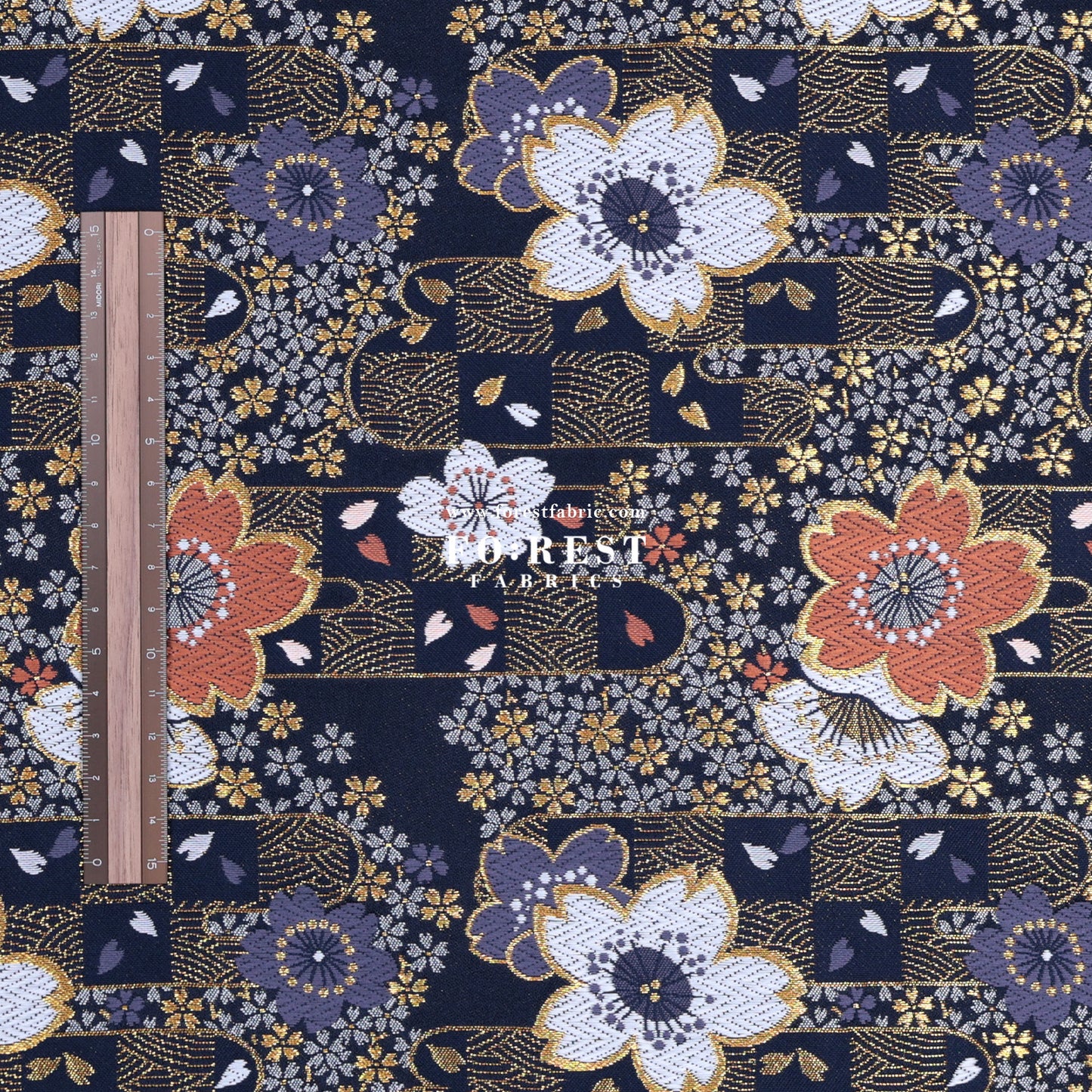 Gold Brocade - Sakura Flower fabric Navy