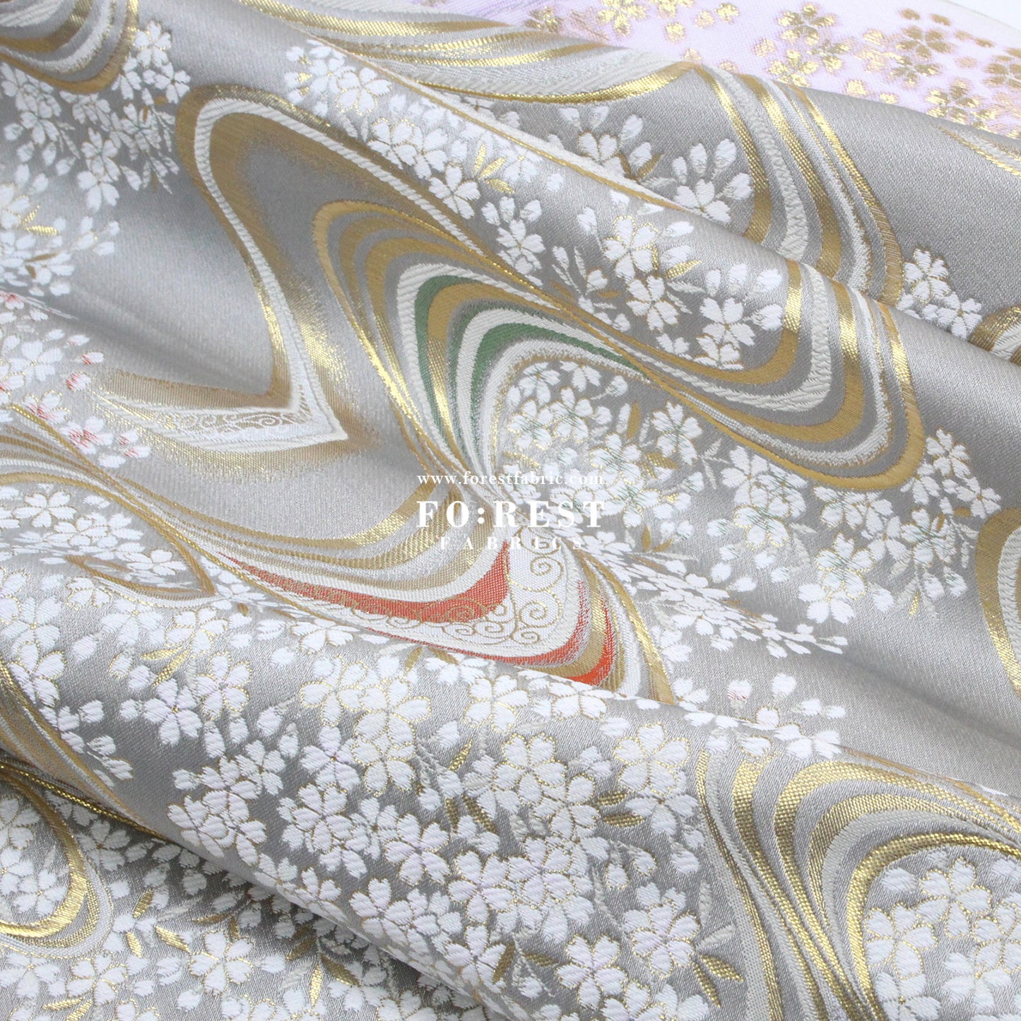 Gold Brocade - Sakura river Milky Gray fabric