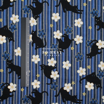 cotton - Sakura Strip cat fabric Navy