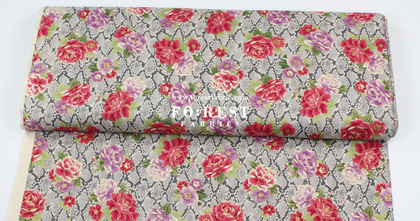 cotton - Sanke Peony金彩白蛇 fabric Gray