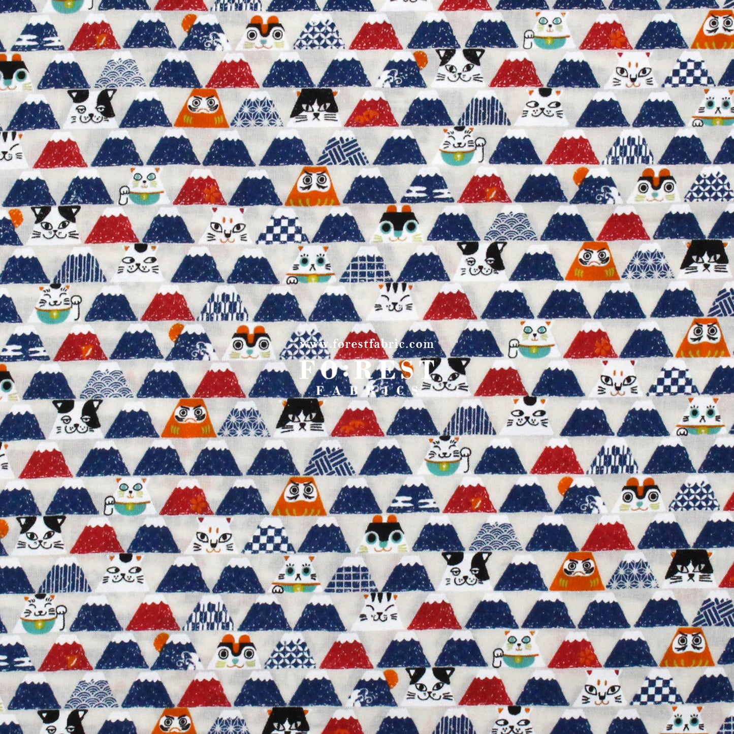 cotton - Lucky cat Mount FUJI fabric Natural