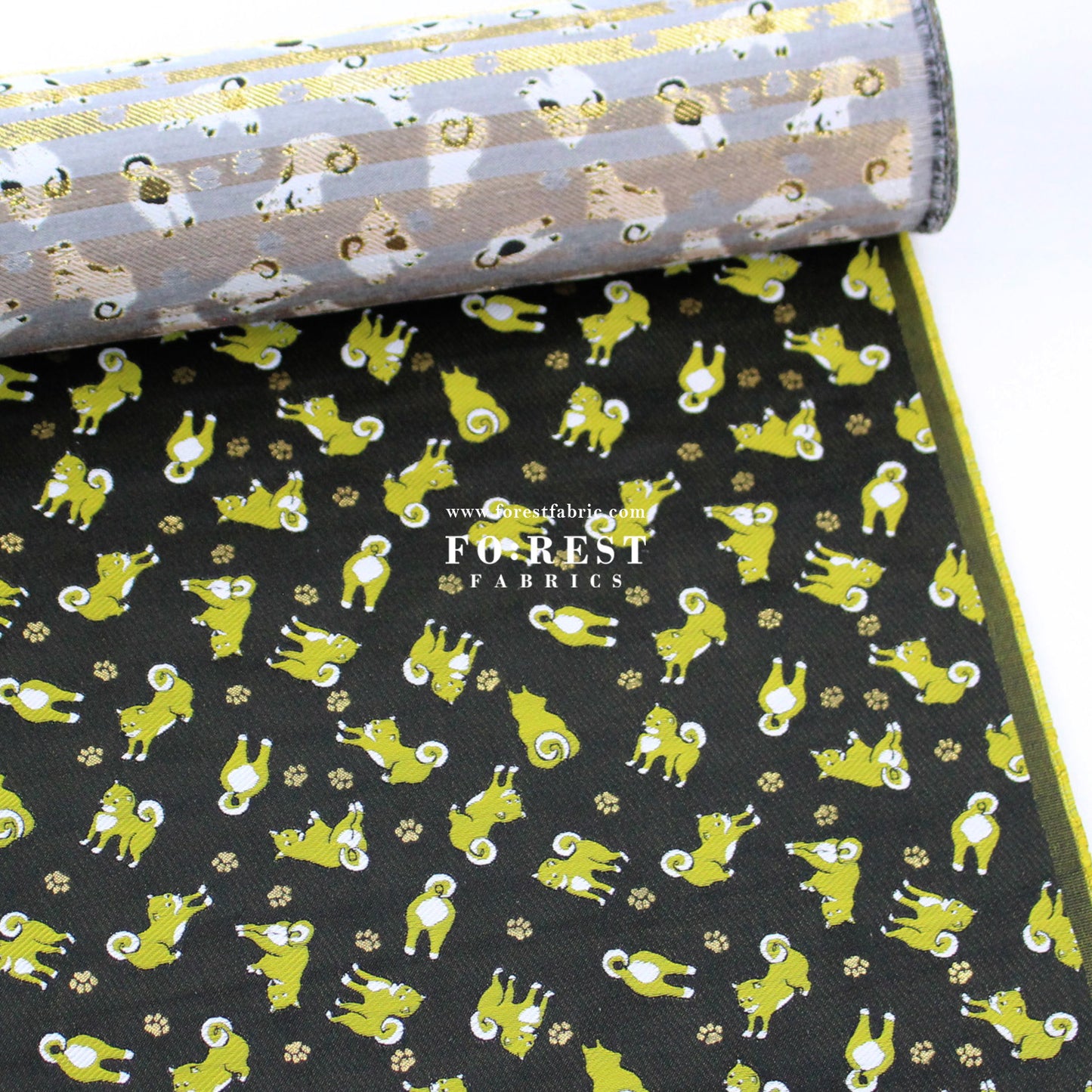 Gold Brocade - Shiba inu Dogs fabric Blacklime