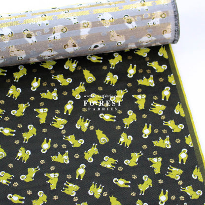 Gold Brocade - Shiba inu Dogs fabric Blacklime