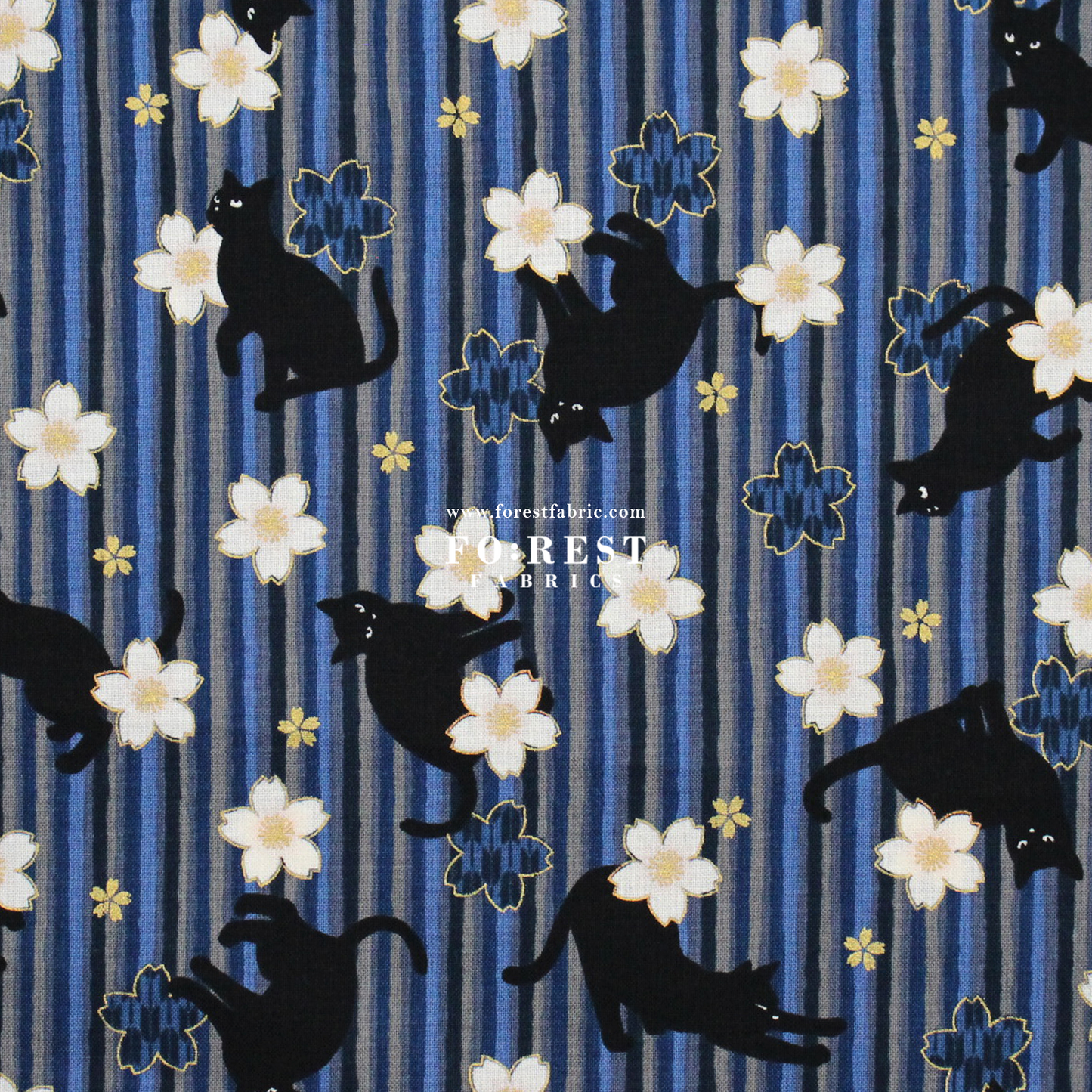 cotton - Sakura Strip cat fabric Navy