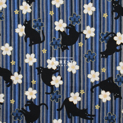 cotton - Sakura Strip cat fabric Navy