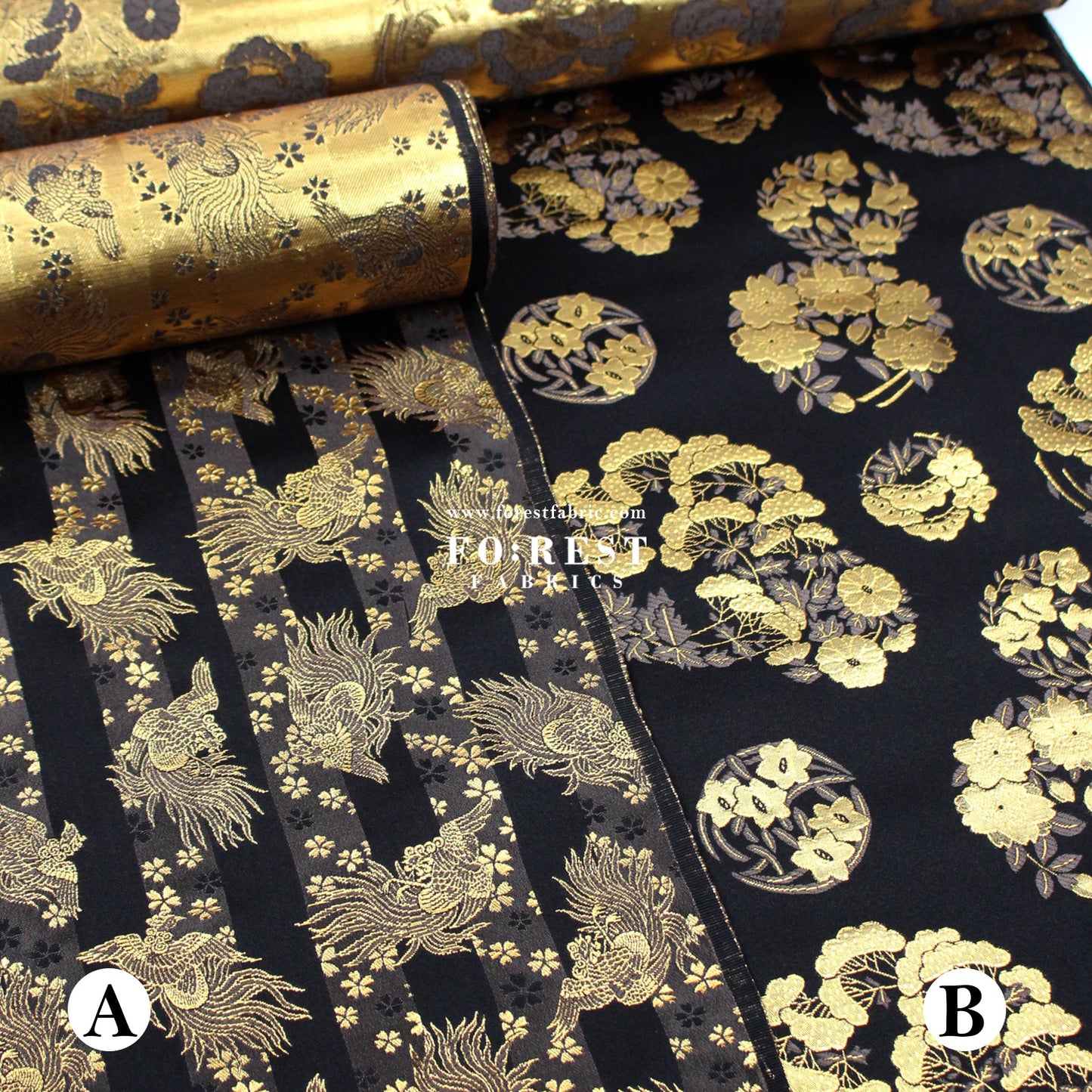 Gold Brocade - Pine Phoenix fabric Black
