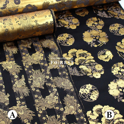 Gold Brocade - Pine Phoenix fabric Black