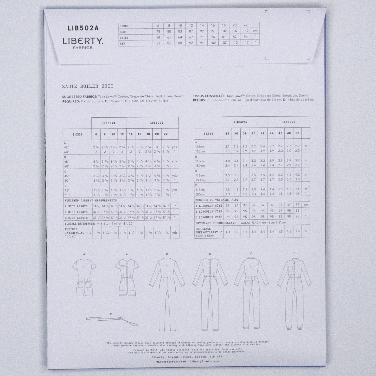 Zadie Boiler Suit Ladies Set - Liberty Paper pattern