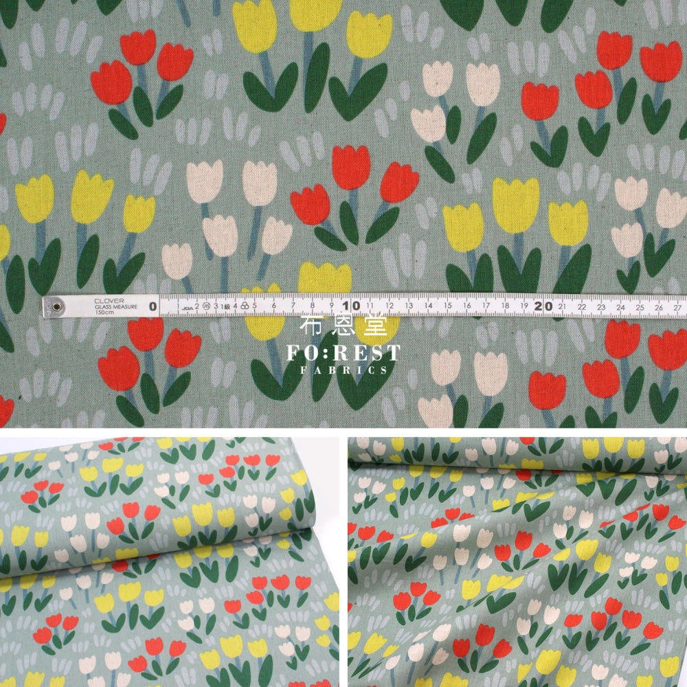 Canvas - Tulip Flower Fabric Green Cotton Linen Canvas