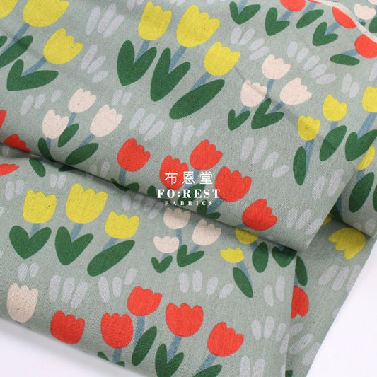 Canvas - Tulip Flower Fabric Green Cotton Linen Canvas
