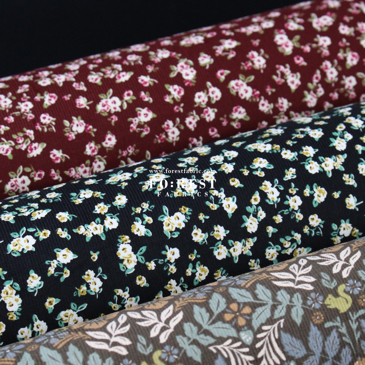 Corduroy - Little Rose Flower fabric Wine 燈芯絨 - FO:REST Fabric 布恩堂Liberty fabrictana lawnjapanese fabricykk zipper