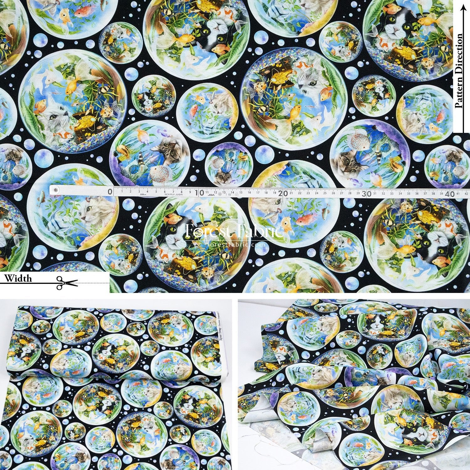 cotton - Bubble Cats and fish fabric - FO:REST Fabric 布恩堂Liberty fabrictana lawnjapanese fabricykk zipper