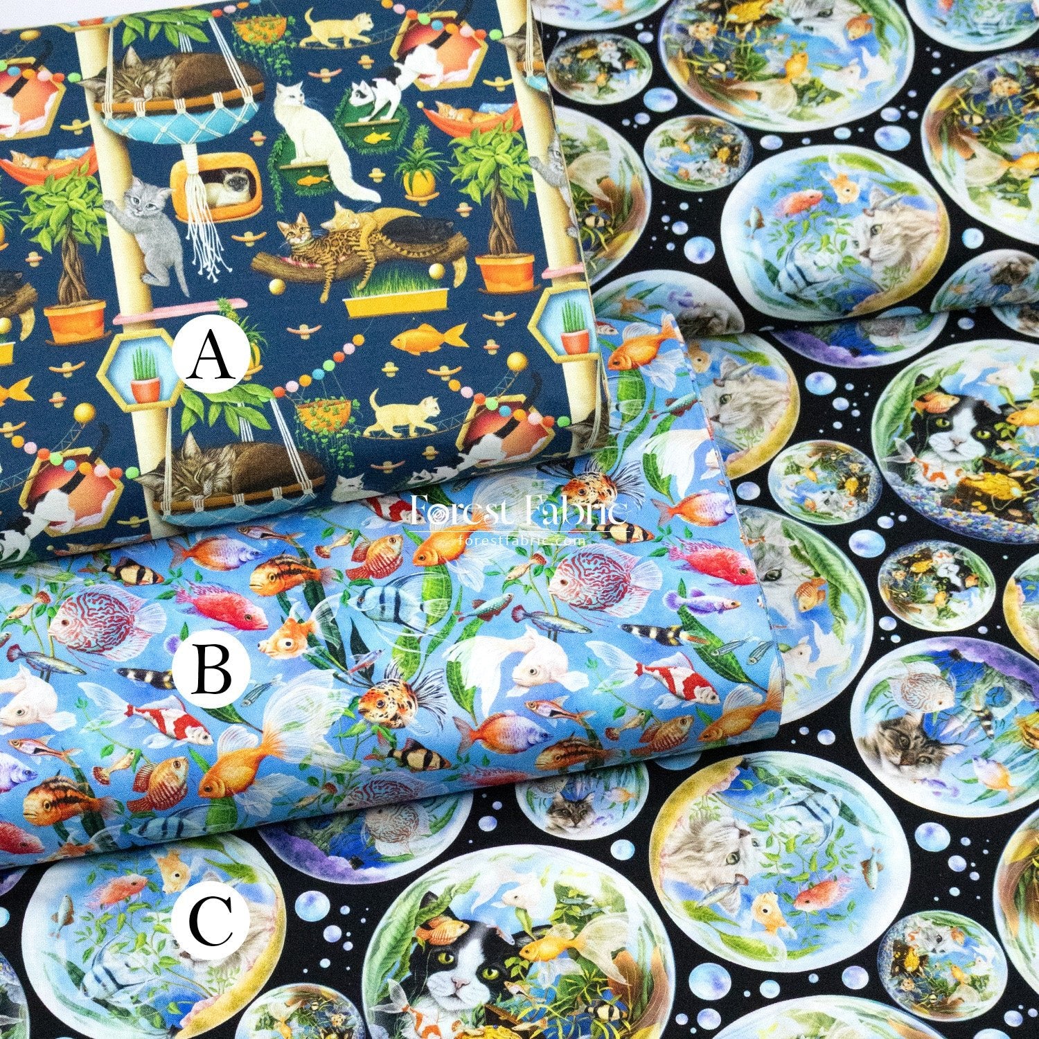 cotton - Bubble Cats and fish fabric - FO:REST Fabric 布恩堂Liberty fabrictana lawnjapanese fabricykk zipper