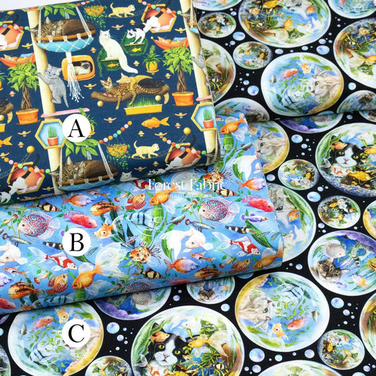 cotton - Bubble Cats and fish fabric - FO:REST Fabric 布恩堂Liberty fabrictana lawnjapanese fabricykk zipper