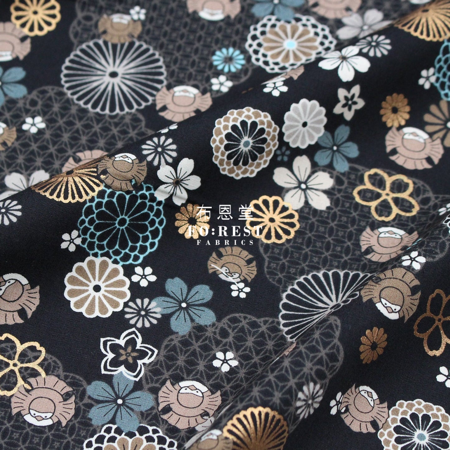 Cotton - Calf Sparrow Japanese Style Fabric Black
