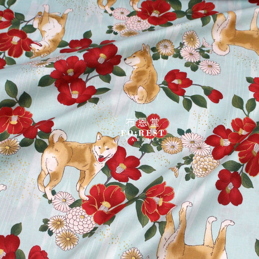 Cotton - Camellia And Shiba-Inu Fabric Blue