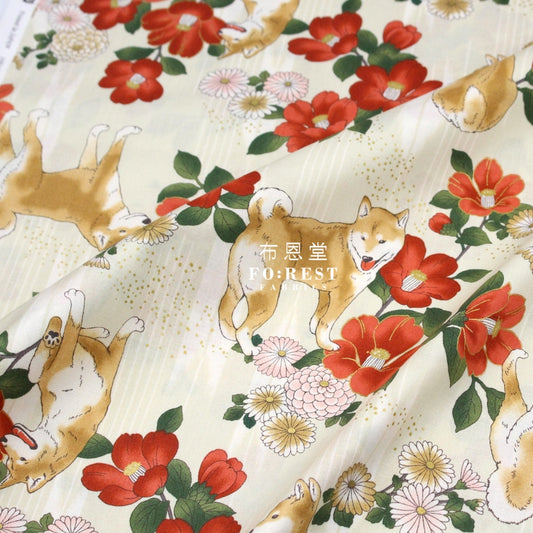 Cotton - Camellia And Shiba-Inu Fabric Milky