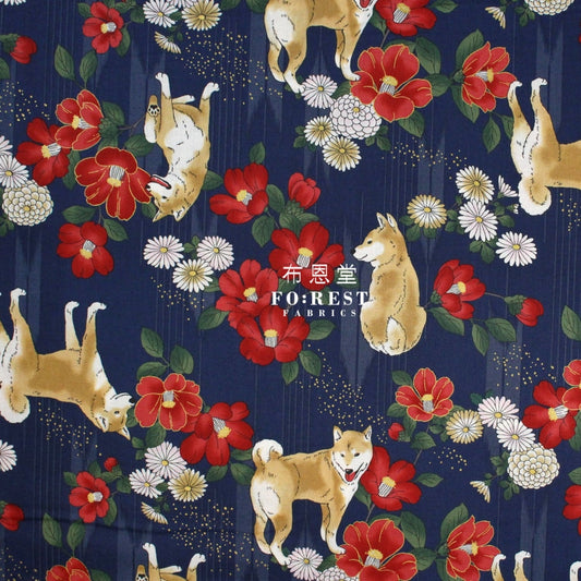Cotton - Camellia And Shiba-Inu Fabric Navy