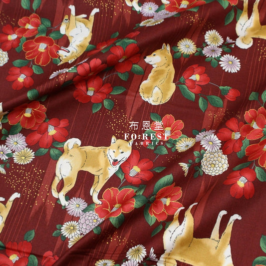 Cotton - Camellia And Shiba-Inu Fabric Red