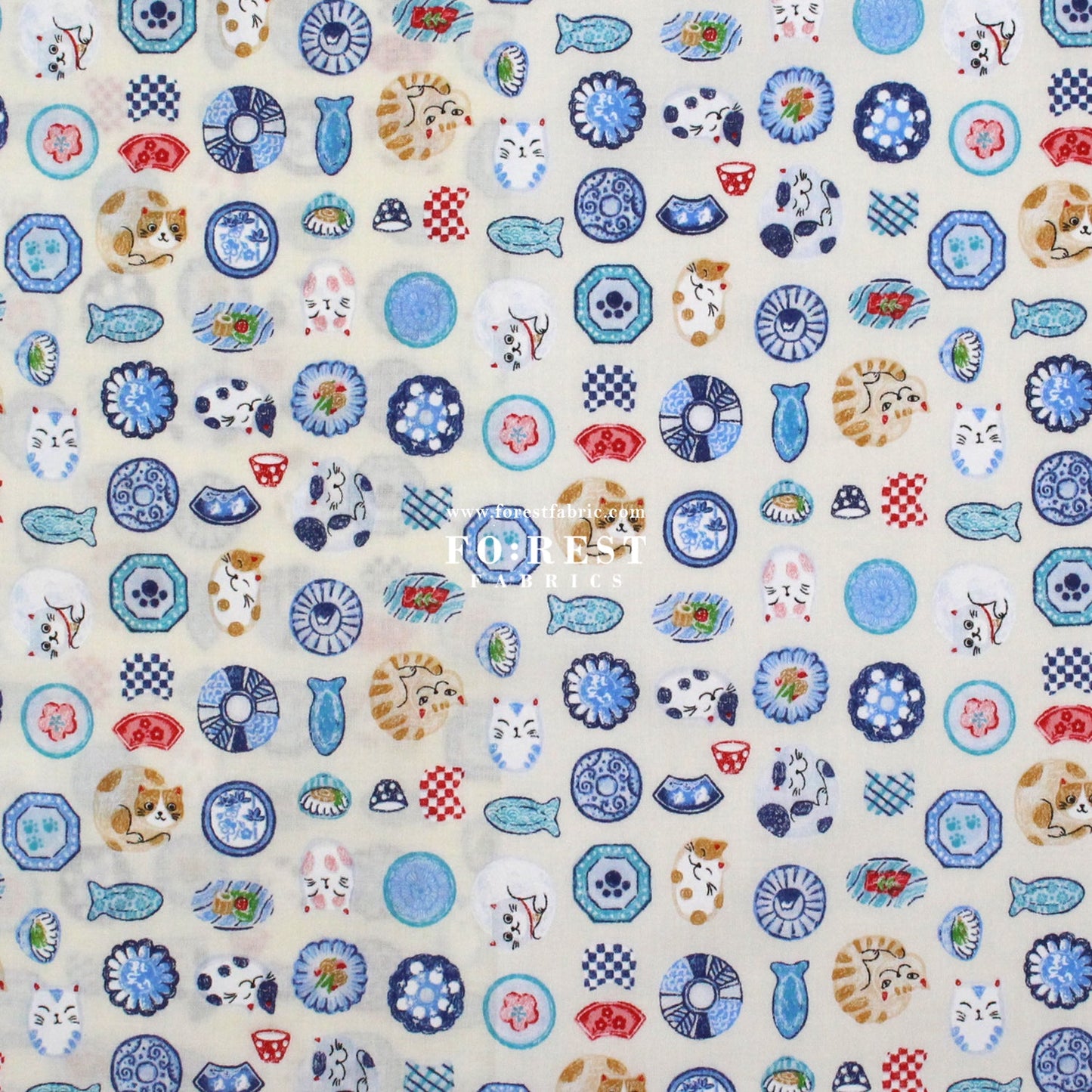 cotton - Cat Bowls & Dishes fabric Natural - FO:REST Fabric 布恩堂Liberty fabrictana lawnjapanese fabricykk zipper