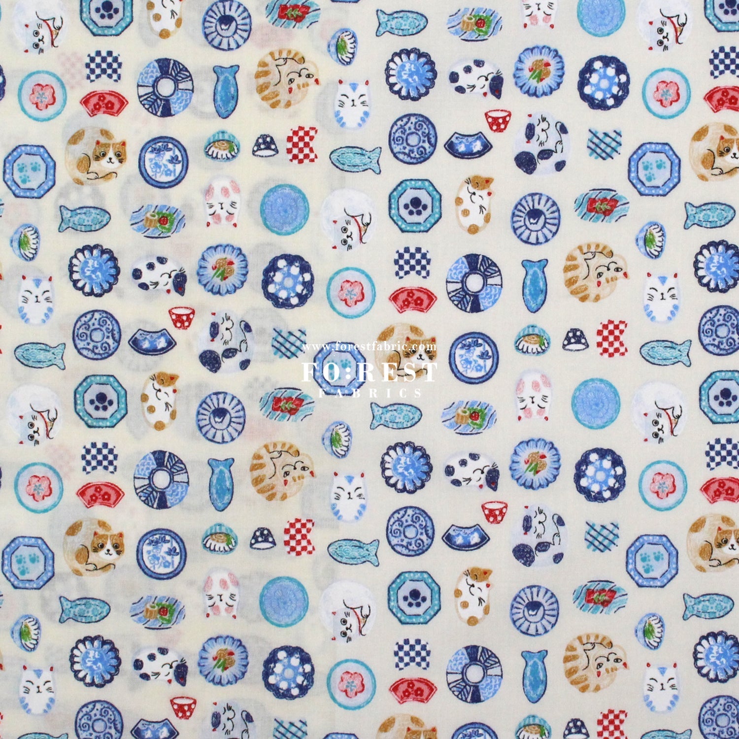 cotton - Cat Bowls & Dishes fabric Natural - FO:REST Fabric 布恩堂Liberty fabrictana lawnjapanese fabricykk zipper